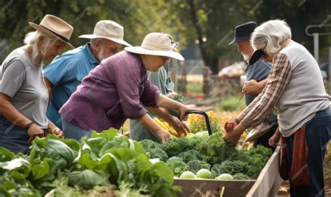 Adultos mayores cuidando plantas medicinales en un jardín.