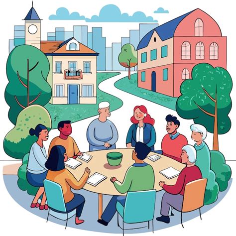 Ilustración: Grupo de personas diversas participando en una reunión comunitaria