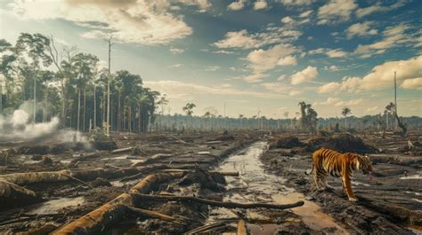 Ilustración de diferentes hábitats naturales siendo destruidos por actividades humanas.