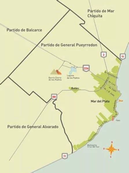 Mapa del Partido de General Pueyrredón con la ciudad de Mar del Plata y sus localidades menores