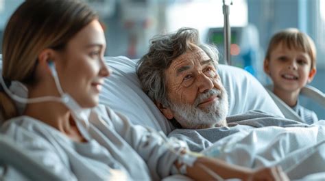 Familia orando junto a un anciano en una cama de hospital, simbolizando apoyo y fe