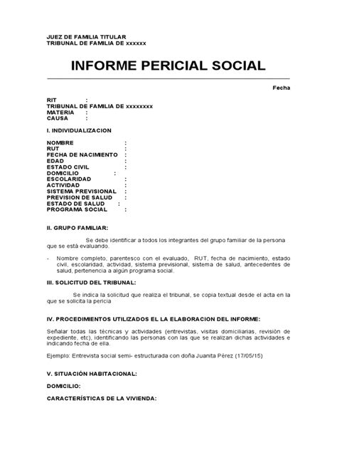 Ejemplo visual de la estructura de un informe pericial social, destacando sus secciones clave.