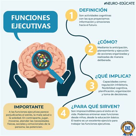 Esquema visual de las funciones ejecutivas del cerebro, destacando inhibición, planificación y memoria de trabajo
