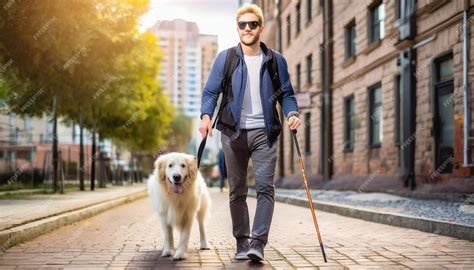 Persona utilizando un bastón blanco y un perro guía