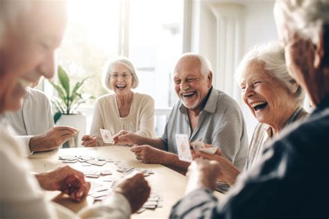 Adultos mayores riendo mientras juegan a un juego de cartas en una mesa