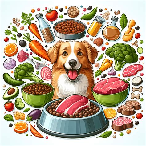 variedad de ingredientes saludables para perros, como carnes, verduras, aceite de pescado