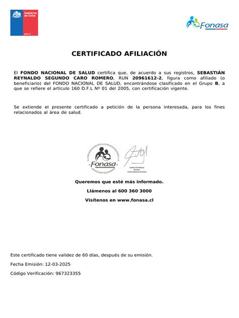 Esquema visual del certificado de afiliación a Fonasa con los datos principales (nombre, RUT, tramo, fecha de emisión)