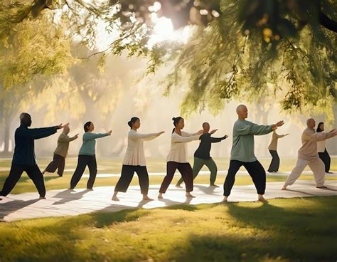 Fotografía de un grupo de ancianos chinos practicando Tai Chi en un parque.