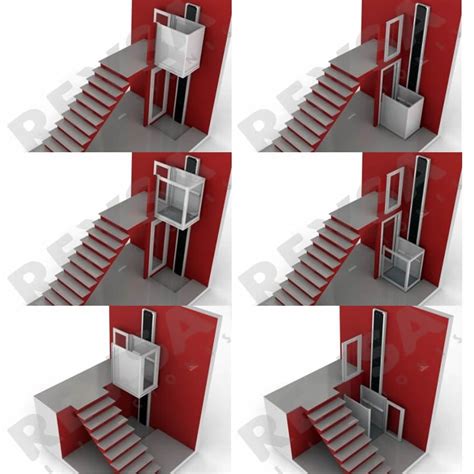 Representación de diferentes soluciones de elevación: ascensor, salvaescaleras y plataforma vertical