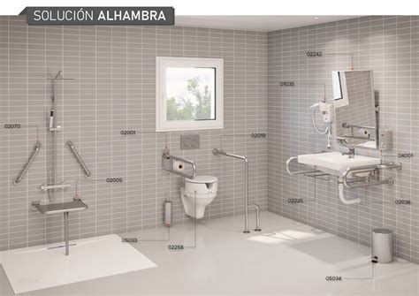 Esquema de un baño adaptado con barras de apoyo, silla de ducha, suelo antideslizante e iluminación adecuada
