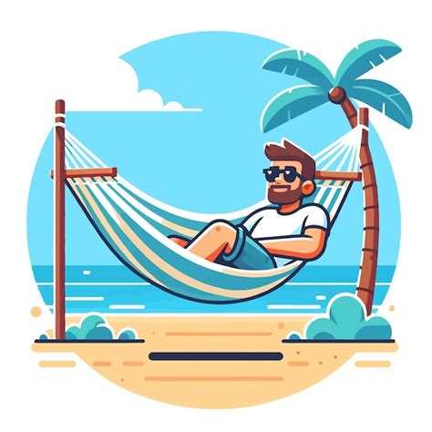 Ilustración de una persona jubilada relajándose en una hamaca en la playa, con un cóctel en la mano.