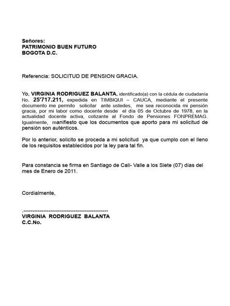 Plantilla de carta para solicitud de Pensión de Gracia