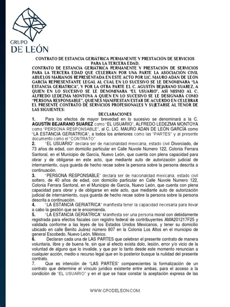 Esquema de contrato de residencia geriátrica con secciones clave