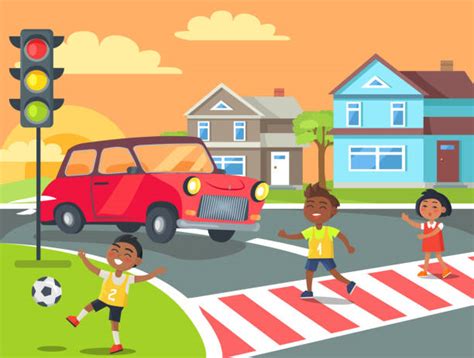 Ilustración de niños jugando cerca de la carretera o en un paso de peatones, con un vehículo aproximándose.