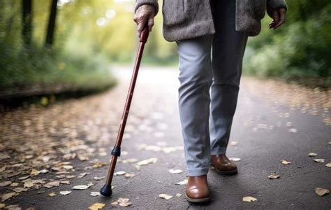 Persona mayor usando un bastón para caminar en un entorno urbano