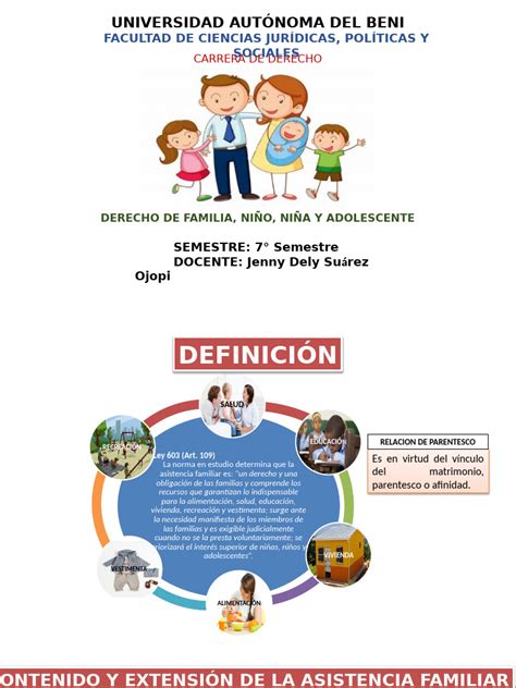 Infografía: Componentes de la Asistencia Familiar en Bolivia (Alimentación, Vivienda, Educación, Salud, Vestuario)