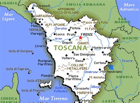 Mapa de Italia con un corazón sobre la región de la Toscana