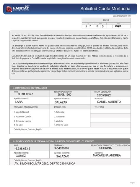 Esquema del flujo de solicitud de cuota mortuoria: presentación de documentos, validación y pago directo a los solicitantes.