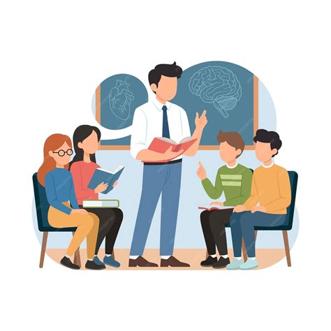 Ilustración de un profesor interactuando empáticamente con estudiantes en un aula diversa