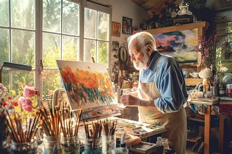 Un adulto mayor concentrado pintando una cerámica.