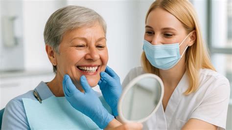 Ilustración de una persona mayor sonriendo y recibiendo atención dental