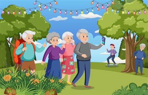 Ilustración de adultos mayores disfrutando de un paseo turístico en Santiago, con el Palacio de La Moneda al fondo.