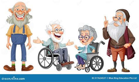 Ilustración de personas de la tercera edad realizando diversas labores