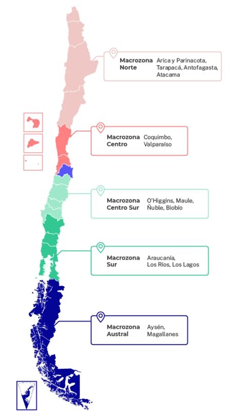 Mapa de Chile con divisiones por macrozonas y niveles de vulnerabilidad social