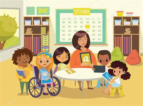 Ilustración de niños con y sin discapacidad interactuando en un entorno escolar inclusivo
