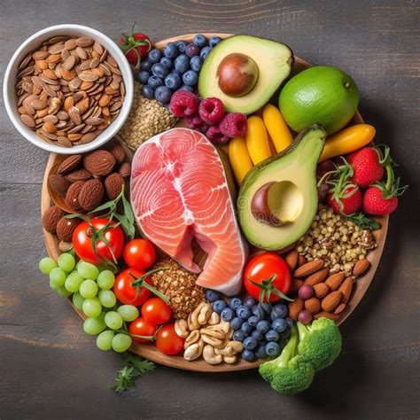 Plato saludable con una gran variedad de alimentos ricos en fibra como frutas, verduras, legumbres y frutos secos