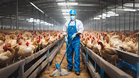 Granja con pollitos y personal realizando tareas de limpieza