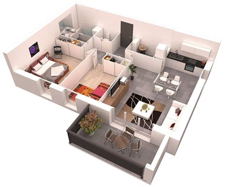 Esquema de departamento amoblado con cocina americana y dormitorio doble