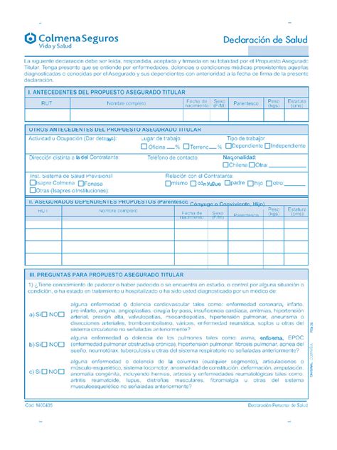 Formulario tipo de Declaración Personal de Salud para ISAPRE