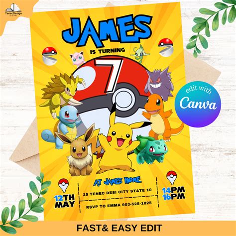 Ejemplo de invitación de cumpleaños Pokémon impresa y otra digital en una pantalla de smartphone
