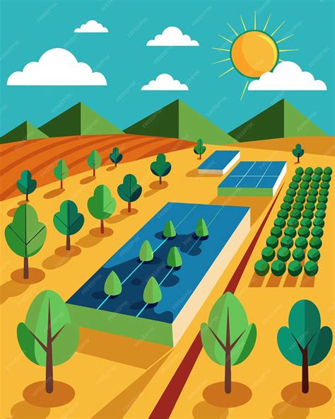 Ilustración de una parcela agrícola bien mantenida con áreas verdes y zonas de cultivo en la zona central de Chile