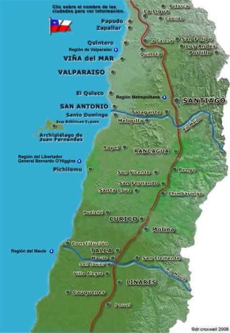 Mapa de Chile destacando la Zona Central y la Región de O'Higgins