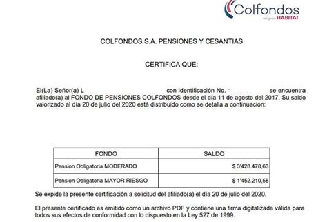 Ejemplo de Certificado de Saldos de pensión, destacando secciones clave como el monto total de ahorros y la lista de beneficiarios registrados.