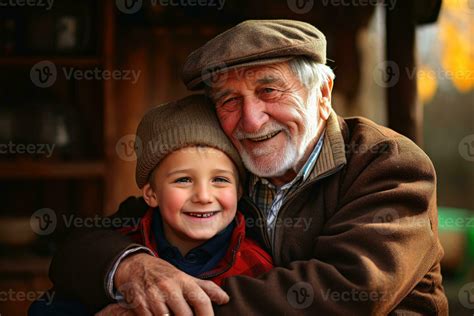 Foto de un abuelo y un nieto riendo juntos