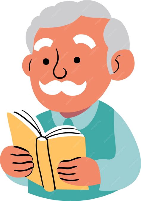 Ilustración de un adulto mayor sonriendo mientras lee un libro en un entorno acogedor.