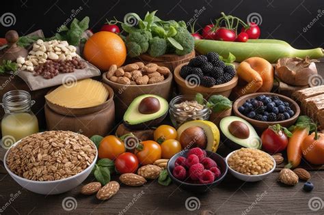 Variedad de alimentos ricos en fibra: frutas, verduras, legumbres, cereales integrales, frutos secos