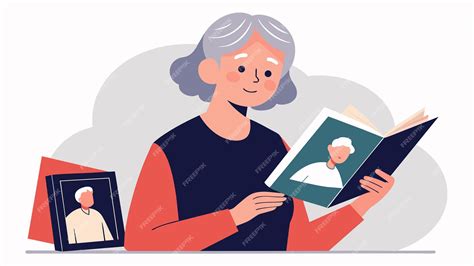 Ilustración de una persona mayor mirando un álbum de fotos con una expresión de serenidad
