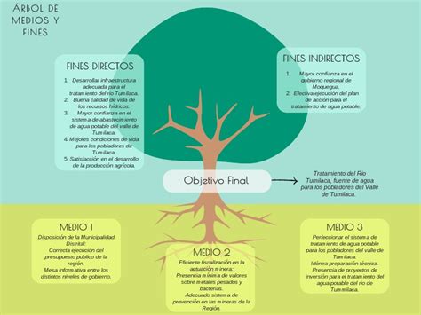 Diagrama de un árbol de objetivos mostrando medios, objetivos y fines