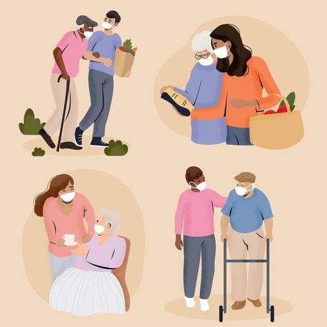 Ilustración mostrando a una persona ayudando a un adulto mayor en diversas actividades diarias como cocinar, bañarse y tomar medicamentos.