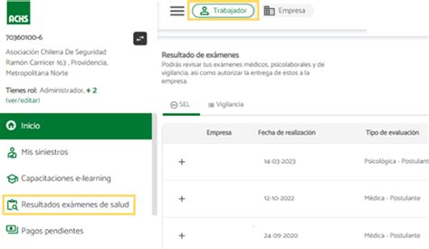 Interfaz de usuario de ACHS Virtual mostrando el panel de gestión empresarial