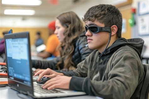 Estudiante con discapacidad visual usando audífonos y lector de pantalla para aprender inglés