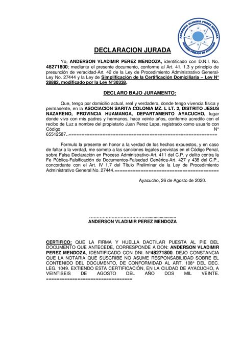 Ejemplo de declaración jurada notarial requerida para herencias