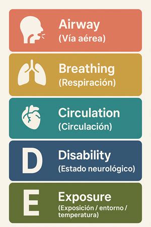 Esquema visual del algoritmo ABCDE: A (Vía aérea), B (Respiración), C (Circulación), D (Déficit neurológico), E (Exposición/Entorno).