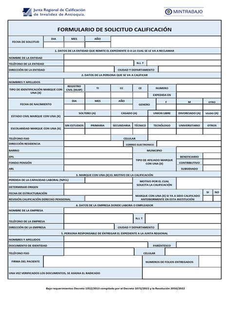 Formulario de solicitud para calificación de trabajos pesados