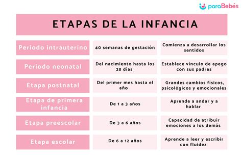 Infografía sobre las etapas de desarrollo: desde la primera infancia (exploración) hasta la adolescencia (afectividad y autocuidado).