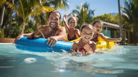 Foto de una familia disfrutando en una piscina temperada de un hotel